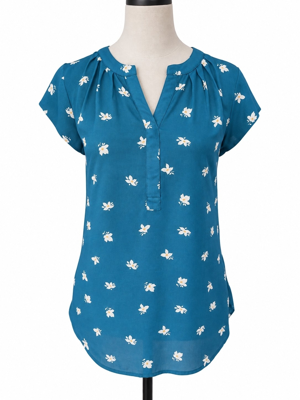 41 Hawthorn Women’s S Teal Floral Split Neck Short Sleeve Blouse